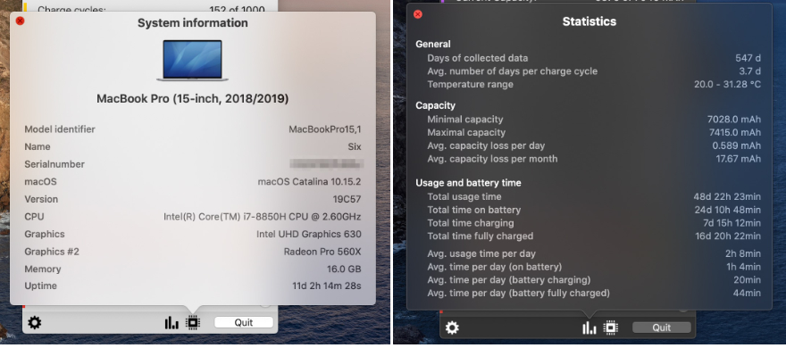 Systeminformationen und Akkustatistik-Fenster von Better Battery 2