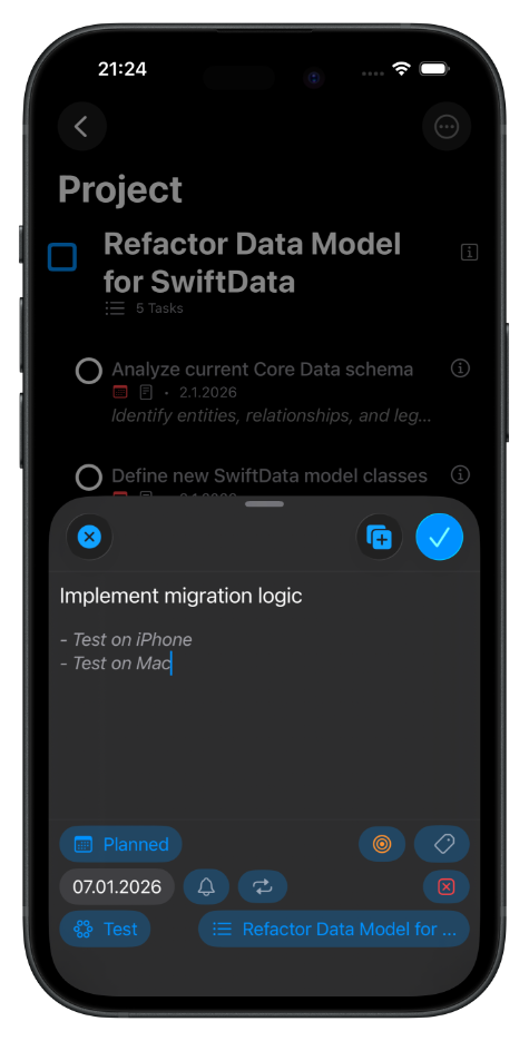 Focus one auf dem iPhone mit einer Aufgaben-Detailansicht im Dark Mode