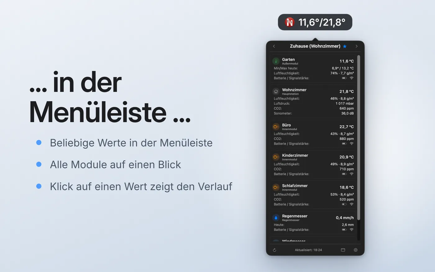 Netmo 2 in der Menüleiste mit Messwerten im Menüleisten-Symbol und dem geöffneten Panel