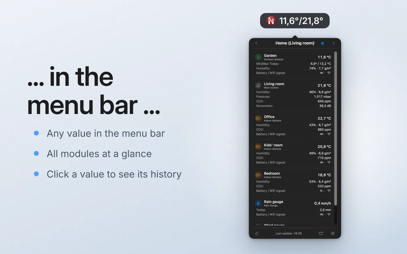 Netmo 2 in the menu bar with values in the menu bar icon and the open panel