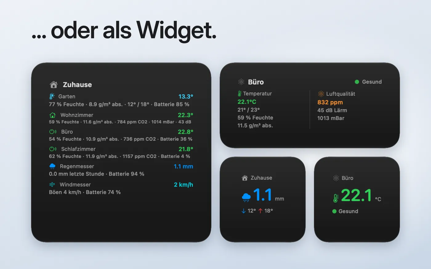 Netmo-2-Widgets in drei Größen mit Wetterstation und Smartem Raumluftsensor