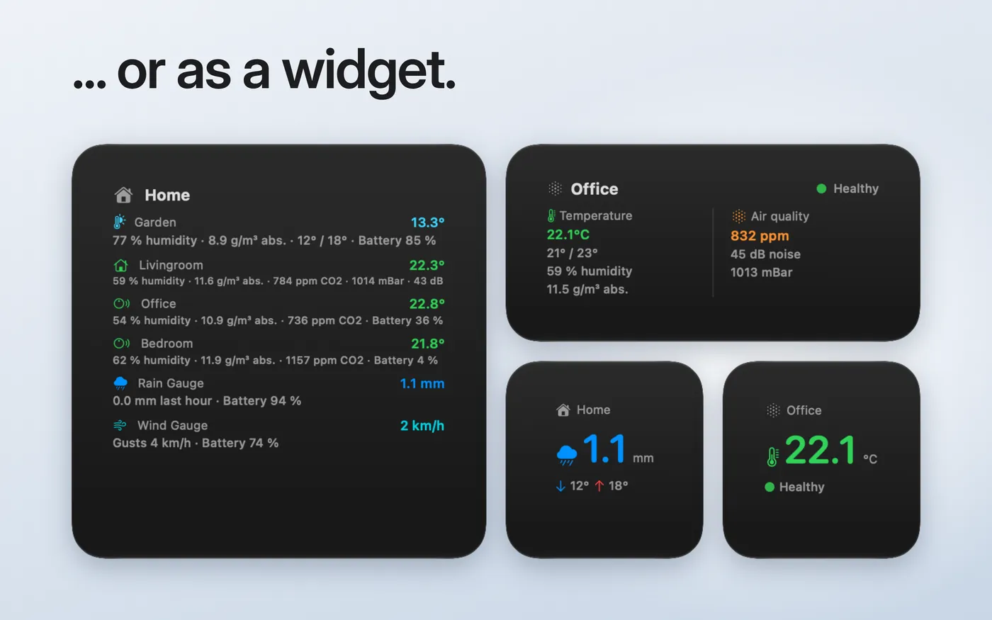 Netmo 2 widgets in three sizes showing a weather station and a Smart Indoor Air Quality Monitor