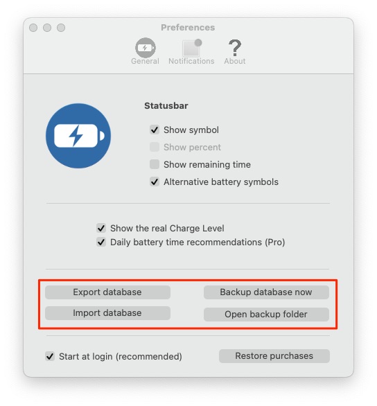 Better Battery 2 settings showing the export and import database buttons