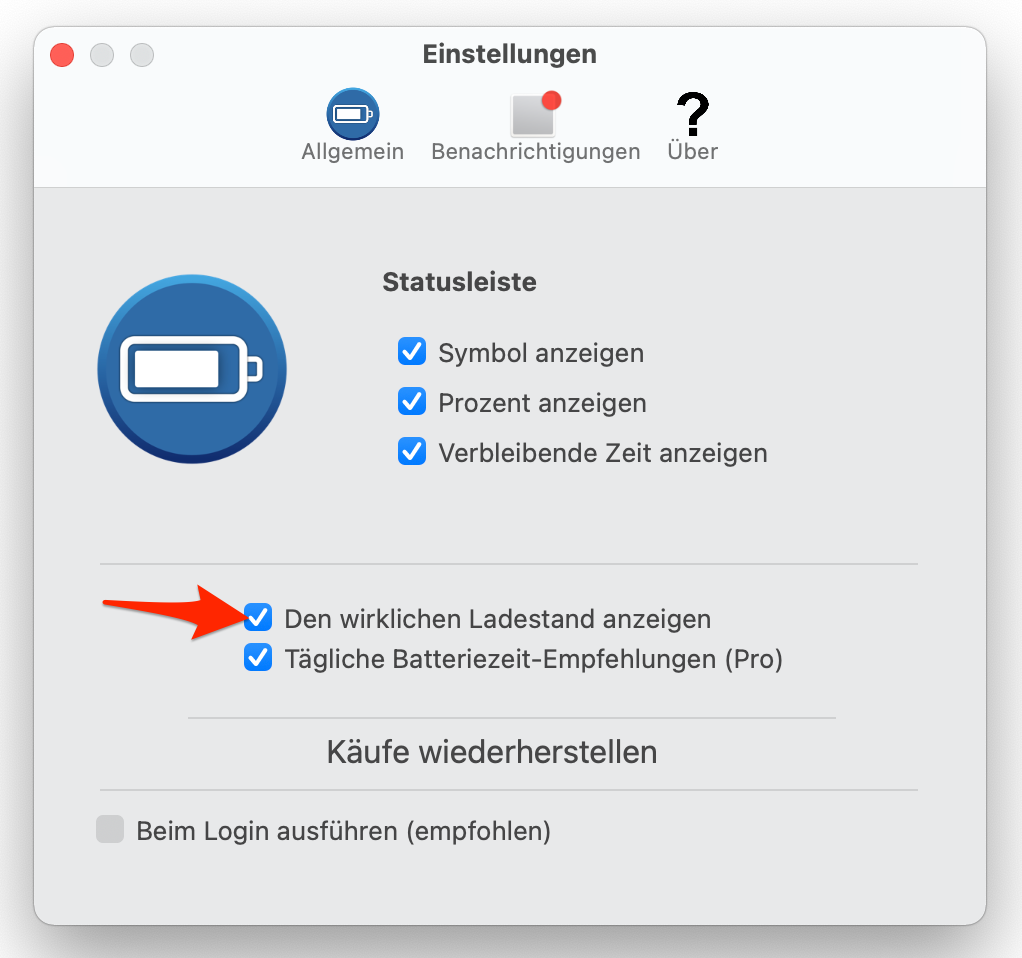 Die Einstellung Den wirklichen Ladestand anzeigen in Better Battery 2