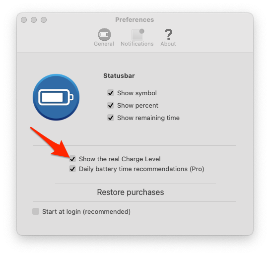 The Show the real Charge Level setting in Better Battery 2