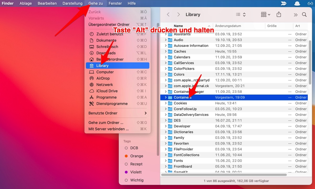 Finder öffnen, Option-Taste halten, dann Gehe zu und Library wählen